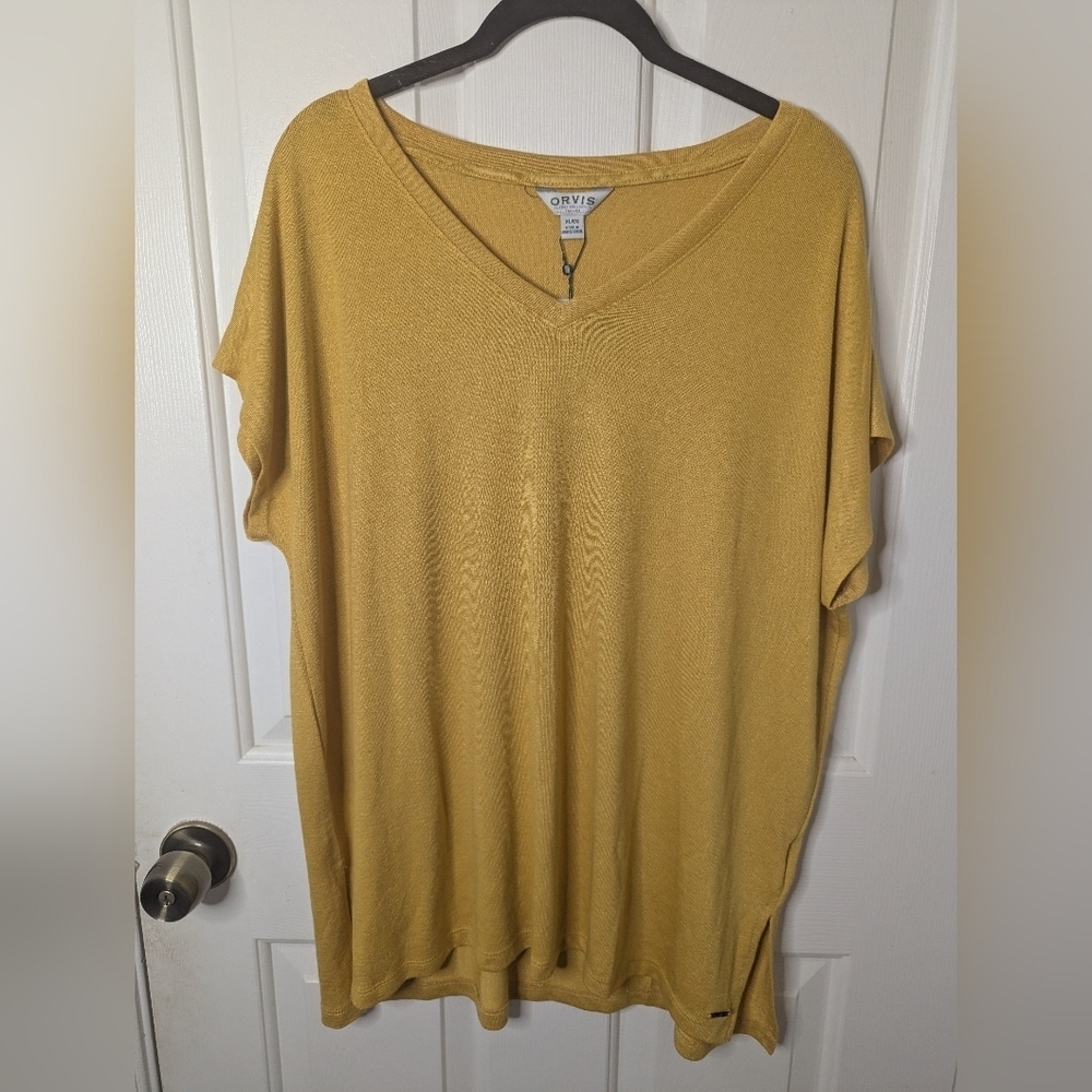 NWT Orvis Tunic Rayon Blend V-neck Short Kimono Sleeves Top, Mustard, Size XL